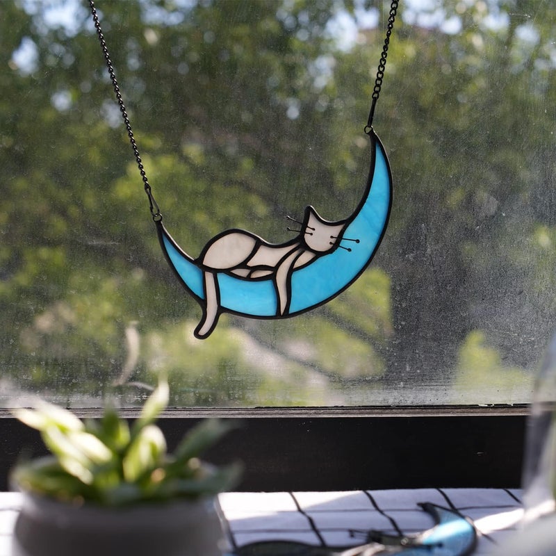 BOXCASA Handcrafted Grey Cat on Moon Stained Glass Suncatcher - Decorative Window Hanging for Cat Lovers, Mothers Day for Women,Mom,Daughter,Wife - Image 4